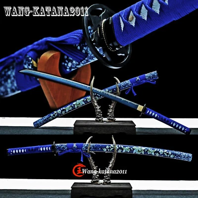 Espada funcional hecha a mano azul Katana lista para la batalla 1095 acero samurai japonés Foto 1 de 4