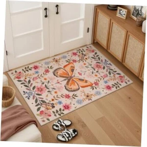 Butterfly Entryway Rug 2x3, Low Pile Washable Non Slip Door Mat 2' x 3' Pink - Picture 1 of 8