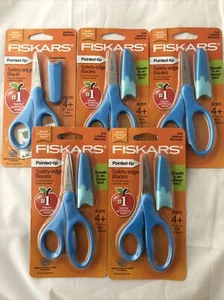 5-Pack Fiskars 5” Kids Scissors Blue Pointed Tip Safety Edge Blade Eraser Sheath - Picture 1 of 5