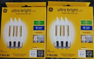 (2) GE 75-Watt Clear Ultra Bright Flame Tip LED Bulbs w/CAM Medium Base 3 BULBS - Picture 1 of 5