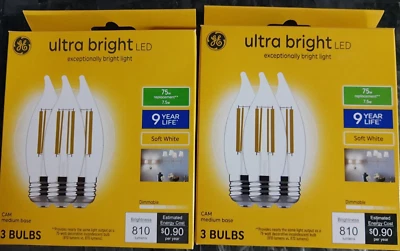 (2) GE 75-Watt Clear Ultra Bright Flame Tip LED Bulbs w/CAM Medium Base 3 BULBS - Image 1 of 4