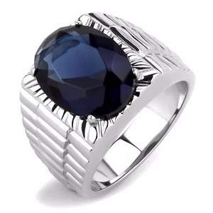 Big 16x12mm Oval Cut Deep Blue CZ Solitaire Stainless Steel Mens Wedding Ring - Picture 1 of 4