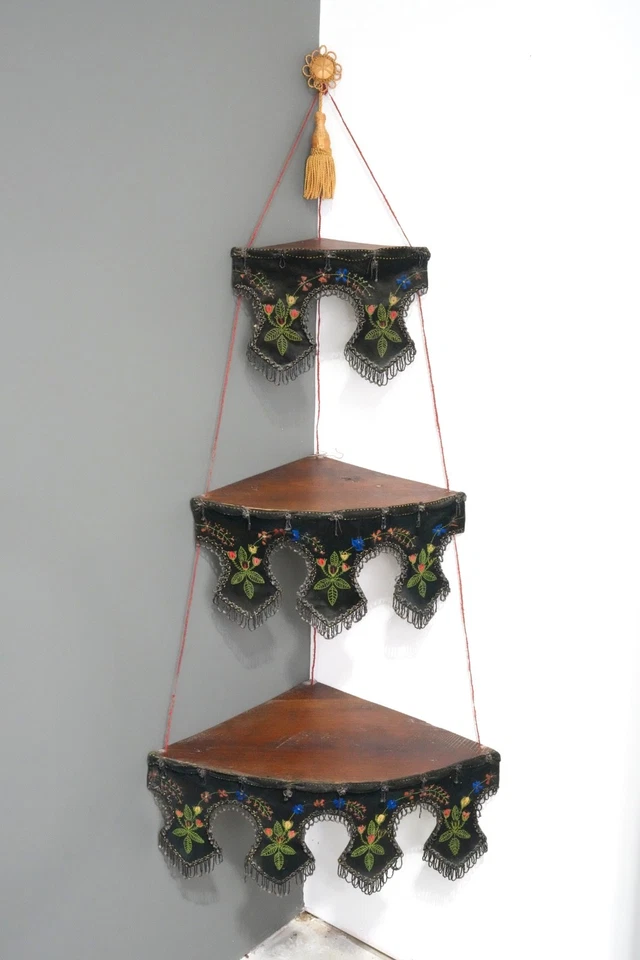 Victorian Antique Walnut Etagere Beaded Fridge hanging corner Display Stand RARE - Image 1 of 4