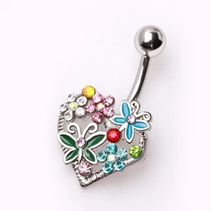 316L Surgical Steel Navel Ring with Flowers & Butterflies on Heart - Picture 1 of 2
