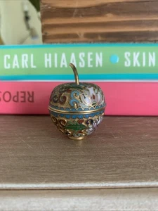 Vtg Brass Gold Tone Multicolor Cloisonné Apple Shaped Trinket Holder Mini 1.25” - Picture 1 of 8
