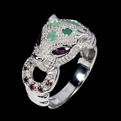 Anillo de plata de ley 925 marquesa rodolita esmeralda piedras preciosas joyería de tigre Foto 1 de 4