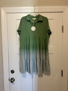 New Jodifl Green Ombré Dress Ruffle Hem Size 1X Fit Collar V Neck Linen Blend - Picture 1 of 6