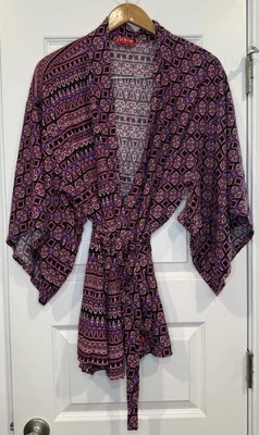 Josie Natori XL Wrap Robe Short Cropped Adjustable Tie Kimono Boho Purple - Image 1 of 4