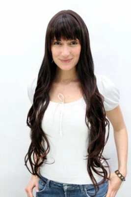 Damenperücke Perücke Damen Frauen sehr lang Braun gewellt wellig Pony 3225-2T33