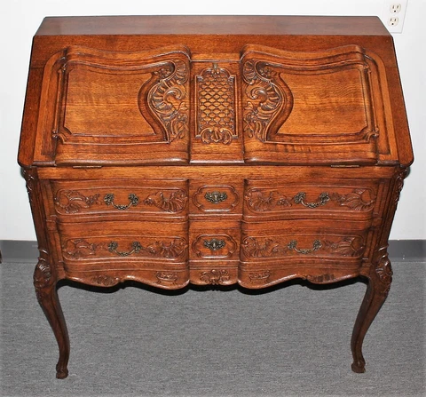 French Drop Front Carved Solid Oak Secretary Bureau Desk with Key Cover