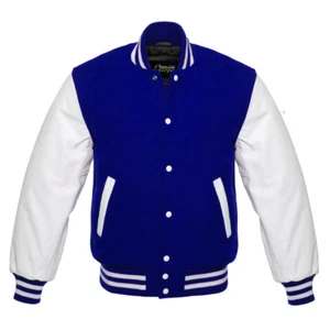Original American Varsity Letterman College Baseball Blue Wool & Leather Jacket  - Imagen 1 de 7