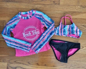 Girls 3 Piece Rashguard and Bathing Swimsuit Set New Size 4/5 UPF 50+ Pink Multi - Picture 1 of 7
