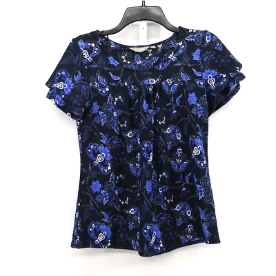 Coral Bay Shirt Womens Size S Black Blue Floral Short Sleeve Pullover Top - Image 1 of 4