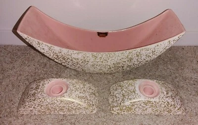 MCM Mid Century Shawnee Kenwood Kashani Pink Weeping Gold Pink Glaze Console Set - Image 1 of 4