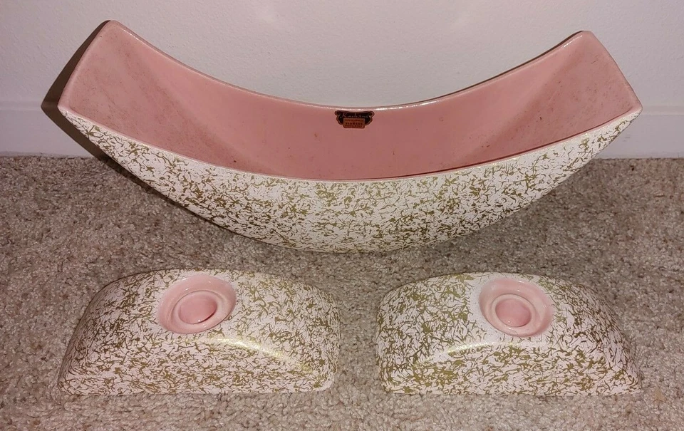 MCM Mid Century Shawnee Kenwood Kashani Pink Weeping Gold Pink Glaze Console Set - Image 1 of 4