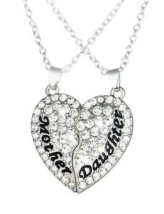 Mother Daughter Clear 2 pc Heart Pendant Silver Colour Necklace Charm Set - Picture 1 of 1