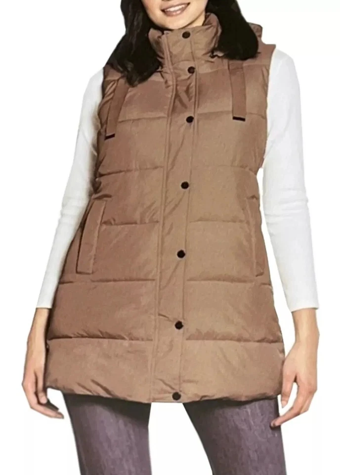 *NWT* Weatherproof Ladies Long Quilted Hooded Puffer Zip Vest (Taupe, Medium) - Image 1 of 1