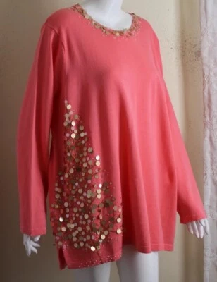 NWT Quacker Factory 2X Peach Pink Tree Sequin Bangle 30.5" Long Tunic Sweater  - Image 1 of 4