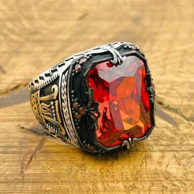 Mens Sterling Silver Ring, Red Ruby Zircon Stone Ring, 925K Mens Jewelry - Image 1 of 4