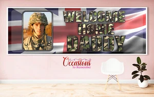 Pancarta personalizada de cumpleaños camuflado del ejército - bienvenida a casa - buena suerte 36""x12 - Imagen 1 de 3