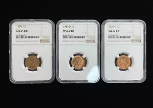 1939 D, P, S Wheat Pennies NGC MS 65,65,67 RD - Picture 1 of 2
