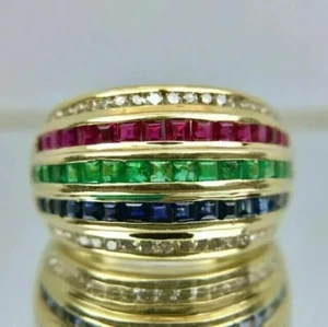 3 Ct Princess Simulated Ruby Emerald Sapphire Ring Band 14K Yellow Gold Plated - Picture 1 of 6