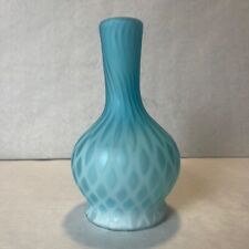 Blue Satin Glass Diamond Quilted Vase Cased Glass White Inside 7.5 "