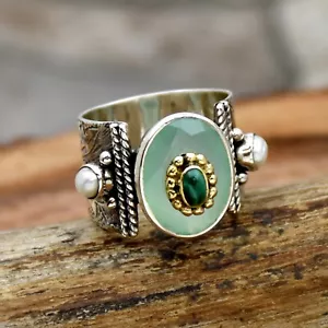 Anillo Aqua Calcedonia Anillo Plata Esterlina 925 Anillo Hecho a Mano Anillo Boho Malaquita - Imagen 1 de 4