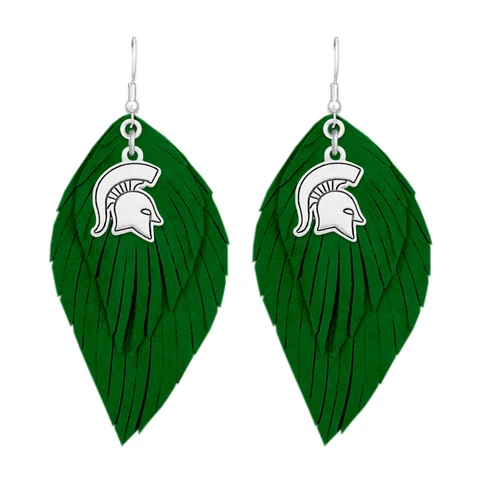 43373 Michigan State Spartans Boho Earrings with Green Suede Leather Cover