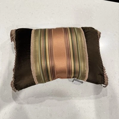 Croscill "Carrington" Cinnamon Green Stripe Lumbar Rectangle Throw Pillow Fringe - Image 1 of 4