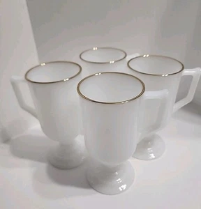 VTG Milk Glass Pedestal Coffee Cup Mugs White W/Gold Rims 5.75"tall Set Of Four - Picture 1 of 19