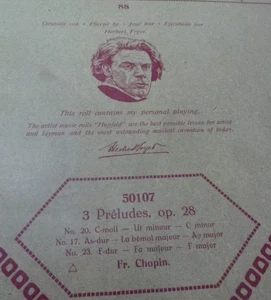 PIANOLA ROLL HUPFELD.CHOPIN'S 3 PRELUDES Op28 17,20 & 23 PLAYED BY HERBERT FRYER - Picture 1 of 3