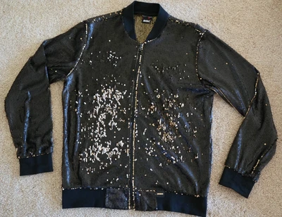 Mondo Black Gold Sequin Bomber Jacket XL – Statement Vegas Style Party Clubwear - Image 1 of 4