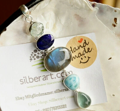 Bauhaus Art 9 cm Kettenanhänger 925er Silber Anhänger Aquamarin Larimar Saphir  - Bild 1 von 4