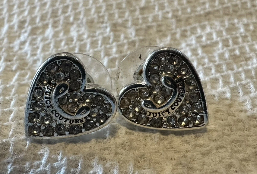 Juicy Couture White Enamel Rhinestone Heart Stud Pierced Earrings Front Banner - Image 1 of 4