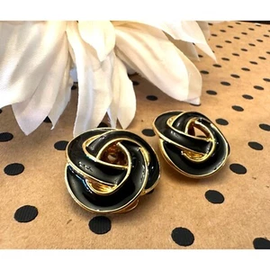 Vintage KJL Kenneth Jay Lane Gold and Black Enamel Knot Clip-On Earrings - Picture 1 of 6