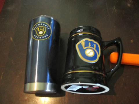 2-NEW-MLB MILWAUKEE BREWERS 1-SSTEEL TUMBLER+ LID & THICK CERAMIC MUG/STEIN 20oz Cover