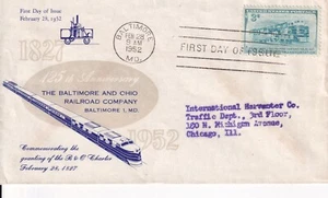 USA 1952 FIRST DAY COVER, 125TH ANNIV BALTIMORE & OHIO RAILROAD & CACHET - Picture 1 of 1