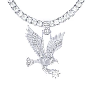 Iced Silver Tone XL Flying Eagle Pendant Tennis Chain Necklace 26inch THC 5091 S - Picture 1 of 3