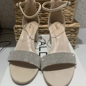 Aldo Kedeaviel Strappy Heeled Open Toe Sandals Rhinestone Beige US Size 8 - Picture 1 of 9