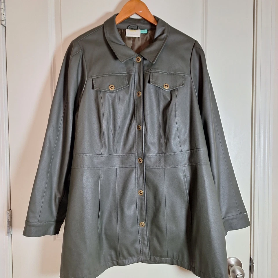 Chaqueta Abrigo Anthropologie Maeve Kellie Cuero Vegano Midi Gris Verde Talla 20W Foto 1 de 4