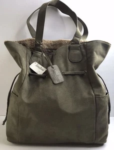 Vintage Y2K Neiman Marcus grün Kunst-Wildleder Fellbesatz Kordelzug Beuteltasche Tasche (NOS) - Bild 1 von 14