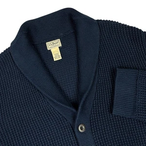 LL Bean Cardigan Sweater Mens 3XL Chunky Knit Shawl Collar Organic Cotton Blue - Picture 1 of 16