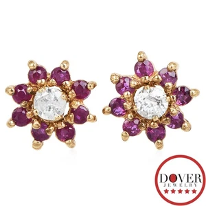 Estate Diamond 0.54ct Ruby 14K Gold Halo Jacket Stud Earrings 1.5 Grams NR - Picture 1 of 6