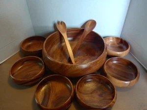 Vintage Monkey Pod Philippines Wood Salad Bowl Set ~ 9 Piece - Picture 1 of 8