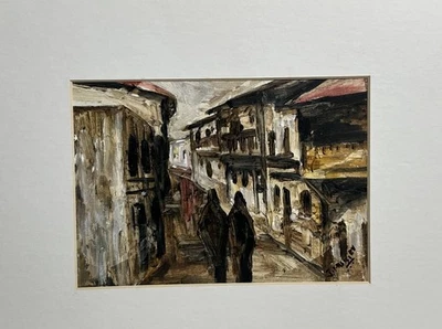 John Mubiru Original African Painting Oil on Board Figures Houses - Image 1 of 4