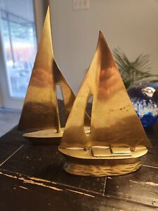 Vintage MCM Solid Brass Sailboats Set Of 2