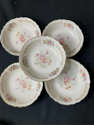 5)  HOMER LAUGHLIN  DESSERT BOWLS  H47N8  PINK FLORAL  FAIR CONDITION - Image 1 of 4