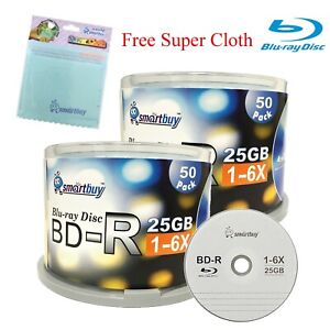 100 Smartbuy Logo BD-R BDR 6X 25GB Blu-ray Blank Disc + FREE Micro Fiber Cloth