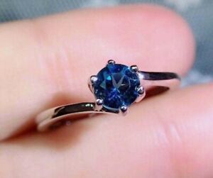 1.50 Ct Round Cut Blue Sapphire Solitaire Engagement Ring 14k White Gold Finish
